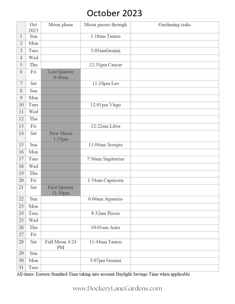 October 2023 Lunar Calendar free download created by Dockery Lane Gardens
