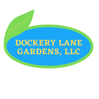 Dockery Lane Gardens logo. periwinkle blue colored oval logo. bright green outline around oval with leaf sprouting upward from left side. text in bright yellow "Dockery Lane Gardens, LLC"