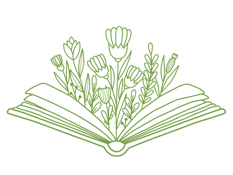 whimsical green outline of an open book with flowers growing upward