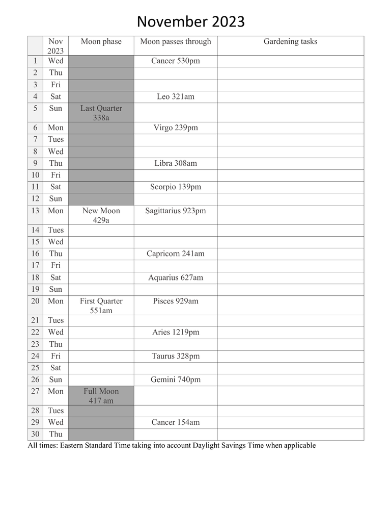 November 2023 Lunar Calendar free download  created by Dockery Lane Gardens