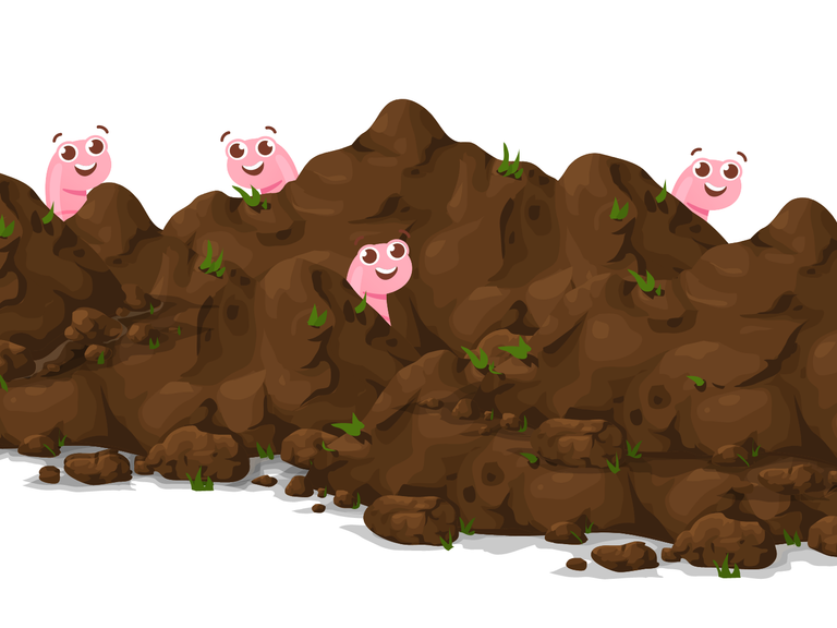 whimsical earthworms peeking out pile of soil